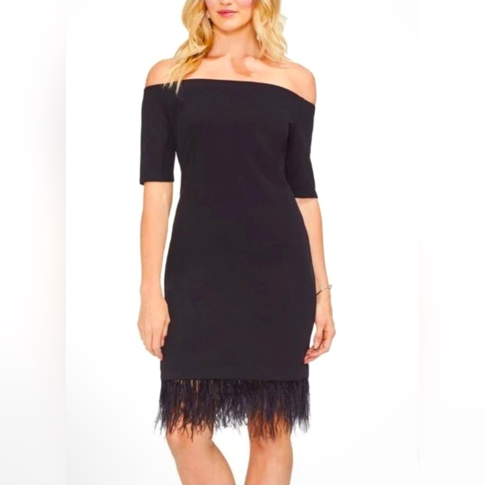 NWOT Vince Camuto Black Off Shoulder Dress~Ostrich Feathers on Hem~Large